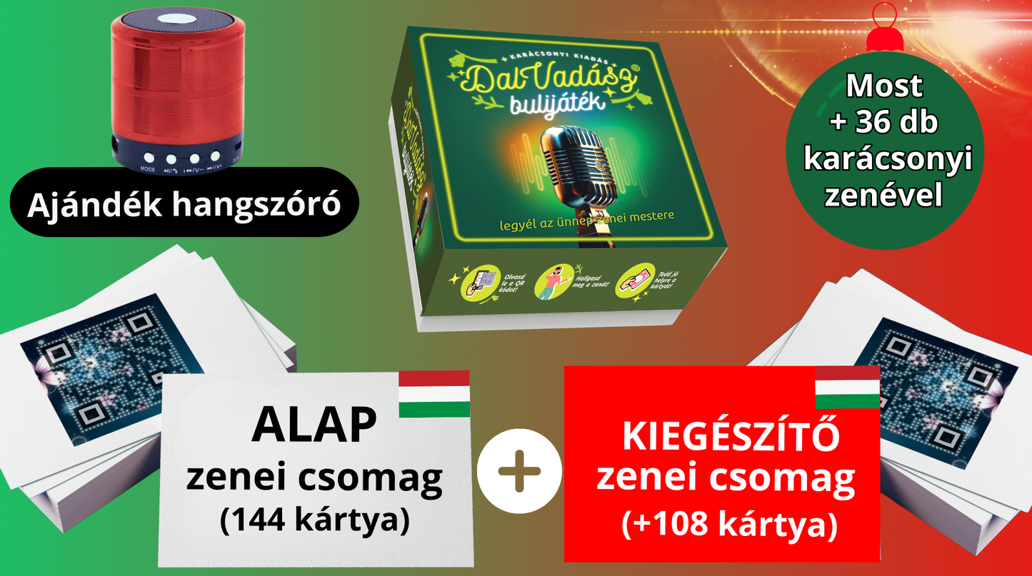 Dalvadász bulijáték magyar zenékkel - VIP Limitált KARÁCSONYI Csomag (Alap csomag + 108 kártya + 36 ajándék karácsonyi zene + ajándék hangszóró + karácsonyi díszdoboz)